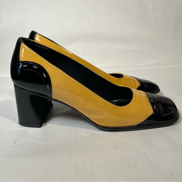 Enzo Angiolini Square Toe Patent Yellow and Black Chunky Block Heel Size 8.5 - Picture 2 of 10